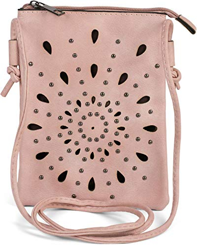 styleBREAKER Damen Mini Bag Umhängetasche mit Cutouts in Ethno Blumen Form und Nieten, Schultertasche, Handtasche, Tasche 02012304, Farbe:Rose