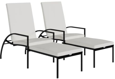 VIHHQGC Lot de 2 chaises longues en rotin synthétique - Avec repose-pieds - Noir - Dossier réglable - Pour jardin, terrasse, balcon