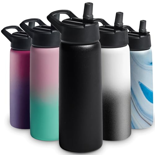 Triple Insulated Stainless Steel Water Bottle with Straw Flip Top Lid - Wide Mouth Cap (750 ML) Water Bottles, Keeps Hot and Cold - Great for Hiking & Biking (Inky Raven Black)