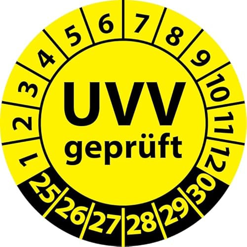 Prüfplakette UVV geprüft, Vinylfolie, Prüfaufkleber, Prüfetikett, Plakette Unfallverhütungsvorschrift (35 mm Ø, Gelb, 100)