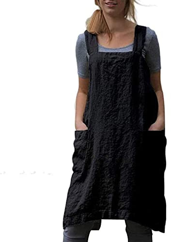 Amlztr Damen Latzschürze mit Kreuzrücken, Schürze mit Taschen, Baumwollleinen, Übergröße