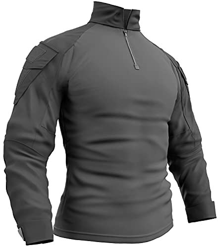 Memoryee Herren Military Tactical Army Combat Langarmhemd Slim Fit T-Shirt mit 1/4 Reißverschluss und Taschen/Grey/XL