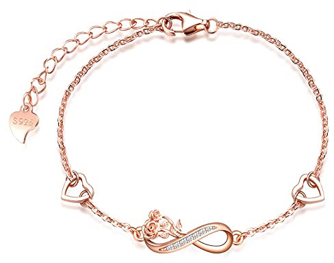 INFINIONLY Bracciale da donna, bracciali in argento 925, braccialetto di simbolo infinito, bracciale di simbolo infinito con fiore di rosa, zircone intarsiato, parure di gioielli donna, oro rosa