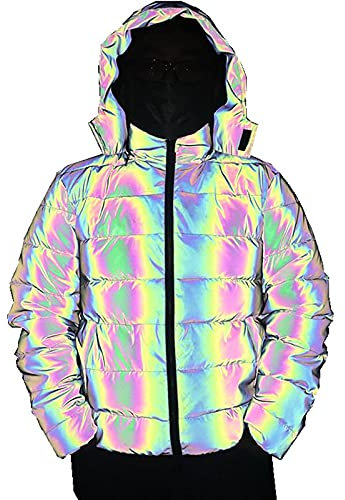 7HAHA3 Winter Männer Regenbogen Reflektierende Kapuzen Parkas Daunenjacke Baumwolle Leuchtende Kleidung Street Fashion Hip Hop Outcoat,Rainbow,L(168CM60KG)