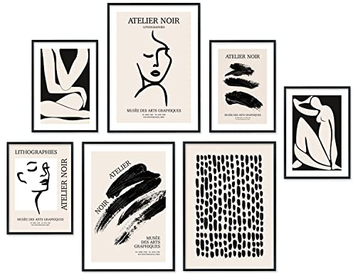 Hyggelig Home Premium Poster Set - 7 hochwertige Poster im Kunstdruck schwarz weiß beige abstrakt aesthetic - für Wohnzimmer Schlafzimmer Esszimmer Flur - Set Atelier Noir - Ohne Rahmen