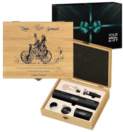Maverton 6-teiliges Weinzubehör Set mit Aufdruck, elektrischer Korkenzieher | Elektrischer Weinöffner, Weinzubehör für Paare, Wein Dekantierset zur Hochzeit zum Hochzeitstag, Fahrrad