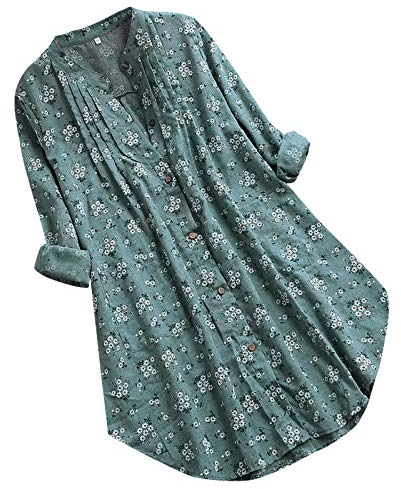 Leinen Bluse Damen Sommer Blumenmuster Knopfleiste Übergröße Oberteile Tunika Longshirt Grosse Grössen Leinenoberteile Leinenbluse Lose Elegant Pullover T Shirt Tops, Grün, 3XL