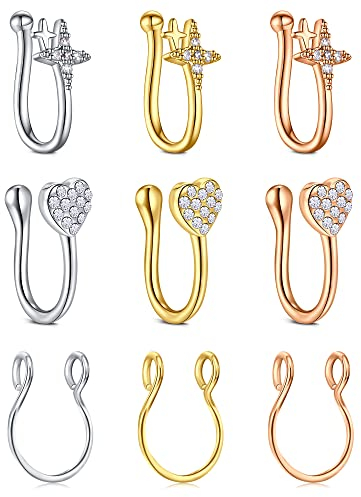 AVYRING Faux Piercing Nez Septum Piercing Nez Manchette Acier Inoxydable Femmes Diamant CZ Étoile Coeur Clip Nostril Non Piercing Bijoux 9Pièces