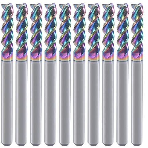 1/8 Hartmetall-quadratische Endfräser für Aluminiumkupferanwendungen, 3-Flöte, 1/8 Schneiddurchmesser, 1/8 Schaft, DLC-Beschichtung, CNC-Fräserbits, Endfräserbits,10-Pack (3.175 x 3.175 x 12mm)