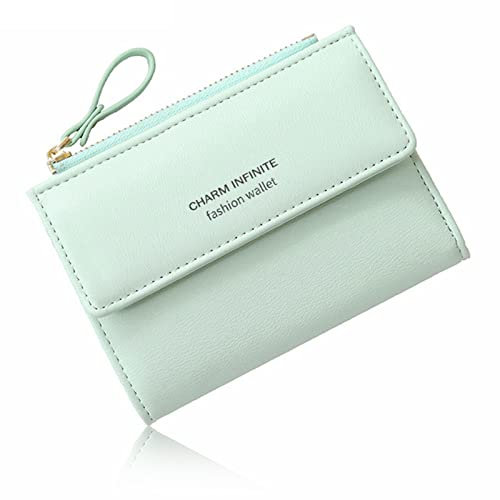 Mini portefeuille court en cuir à deux volets avec blocage RFID pour femme avec poche pour pièces de monnaie, boucle à fermeture éclair, porte-cartes de crédit, monnaie de monnaie, vert clair