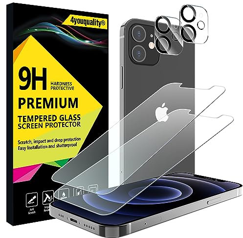4youquality [4-in-1 Screen Protector for iPhone 12 Mini with Camera Lens Protector, Tempered Glass Film, 2-Pack Each, [LifetimeSupport][Impact-Resistant][Anti-Scratch][Ultra-Transparent]