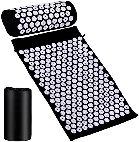 GiReich Akupressurmatte Set, Schwarz Shiatsu Massagematte Akupunktur Massage Matte mit Kopf Kissen, Tasche, für Erleichterung der Rückenschmerzen Kopf Nackenschmerzen(66x42x2cm)