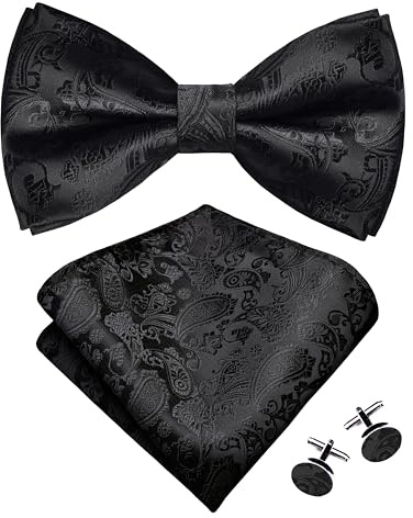 GUSLESON Paisley Black Bow Tie Pocket Square Set for Wedding Pre-Tied Solid Bowties Handkerchief Cufflinks for Men (0497-08)