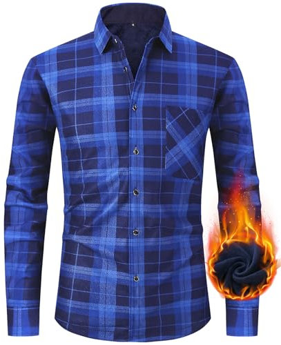 Herren Karierts Flanellhemd Gefüttert Hemdjacke Langarm Thermohemd Winter Flanell Jacke Casual Button Down Freizeithemd Winterjacke mit Taschen Blue-P6-M