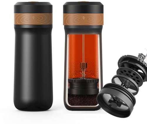 HAILASRE Portable French Press Pot Car Travel Coffee Maker 12 oz Coffee Mug Stainless Steel Insulated Double-Walled Coffee Tea Maker Great for Outdoor, Camping