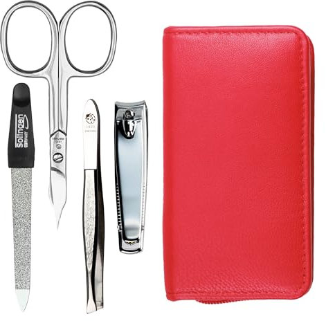 Juego de manicura de 4 piezas, estuche de viaje, tijeras de uñas, cortaúñas, lima de uñas y pinzas, estuche de auténtica piel de cordero de napa – manicura y pedicura (rojo)