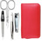 Maniküre Set 4 teilig Reise Etui - Nagelschere, Nagelknipser, Nagelfeile und Pinzette - Etui aus echtem Nappa-Lammleder - Maniküre und Pediküre (Rot)