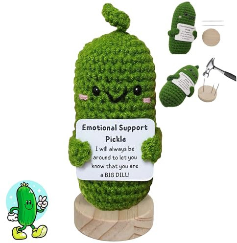 Emotional Support Pickle, Handmade Mini Plüsch Figuren Positive Gurke mit Sockel, Kreative Strickwolle Pocket Hug Puppe, Mutmacher Geschenk für Freund, Freundin, Eltern,Abschiedsgeschenk Kollegen