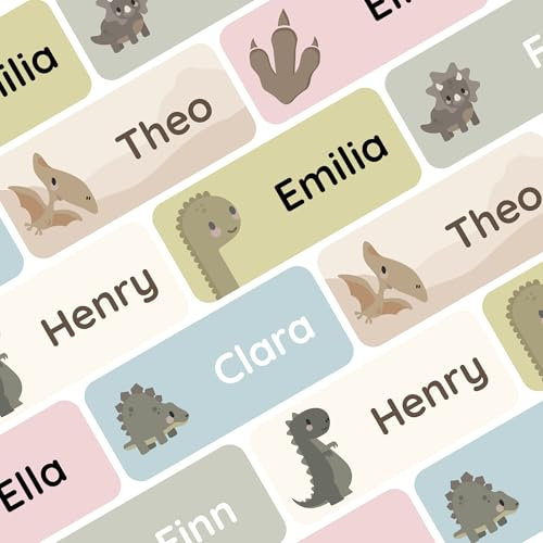 Klebekerlchen® Namensaufkleber für Kinder (60 Stück), Kleidung & Gegenstände Namensschilder personalisiert und waschmaschinenfest, Schule und Kindergarten - Dinosaurier