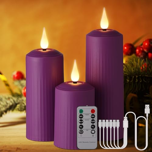 BOWKA LED Candles Outdoor Candle Lights Rechargeable with Remote Control and Timer Flickering Warm White Dimmable Wireless Pillar Candle USB Cable Home Seasonal Decoration (Purple 3 Pieces/Set)