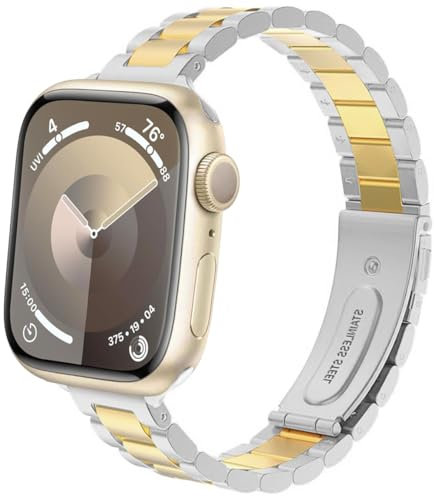 DEALELE Bracelets compatibles avec Apple Watch 42 mm, 41 mm, 40 mm, 38 mm, bracelet de rechange fin en acier inoxydable pour iWatch Series 10/9/8/7/6/5/4/3/SE pour homme et femme (argenté or)