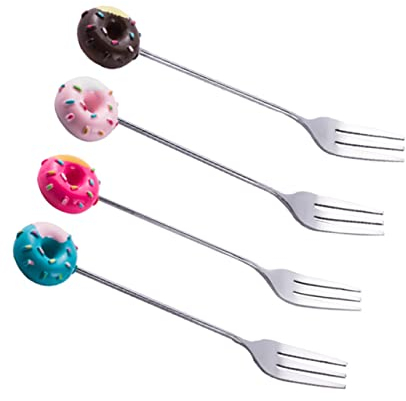 TOPBATHY 4pcs Dessert Forks Doughnut Pattern Stainless Steel Forks for Fruit Ice Cream Cake Jelly Set in Brown Red