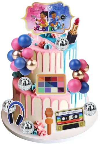 Cheereveal Beauty or Beats Cake Decorations - Hip Hop Gender Reveal Cake Cupcake Toppers Silver Mirror Ball Dessert Picks, He or She Theme Gender Reveal Cake Supplies