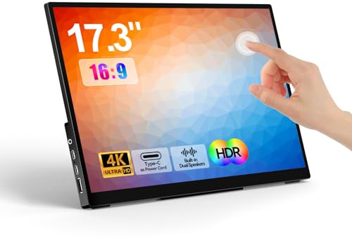 WCKUN - Monitor portatile con display touch da 17,3 pollici, 4K 60Hz, 3840 x 2160, telaio in metallo, monitor da viaggio con supporto e doppio altoparlante, USB C, HDMI Plug&Play per laptop