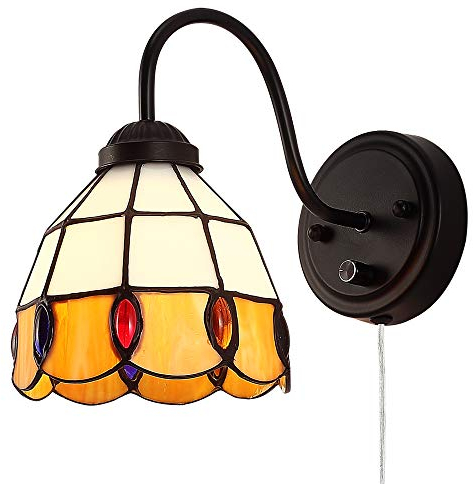 Tiffany Applique murale avec interrupteur à intensité variable, style industriel vintage col de cygne avec câble Plug in Cord, abat-jour en verre coloré orange, parfaite pour chambre à coucher, salon