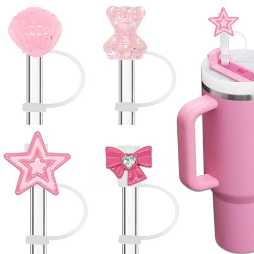 Amreich 4 PCs Bling Straw Cover Cap for Stanley Cup including Bear, Bow, Shell, Star Straw Toppers, Cute Pink Straw Cover Cap Accessories for 20 30 40 oz Tumblers