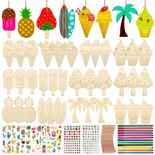 288Pcs Hawaiianischer Stil Holz Bastelset für Kinder, Eiscreme DIY Handwerk mit 36 Holzstücken, 202 Strasssteine, 36 Seile, 12 Farbstifte, 2 Aufkleber