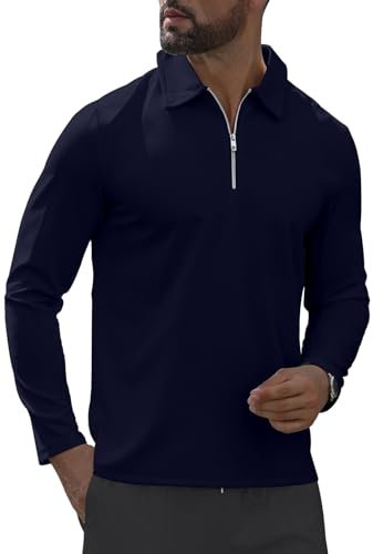 MLANM Men's Fashion Long Sleeve Polo Shirt 1/4 Zip Closure Functional and Comfortable Tops XL Deep Blue
