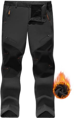 CMTOP Men's Waterproof Trouser Winter Fleece Lined Outdoor Trousers with Zipper Pockets Softshell Kneepad Work Pants Warm Ski Pants for Hiking Climbing Black