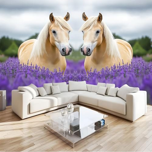 Papier Peint 3D Animaux Cheval Palomino Doré Lavande Panoramique Peinture Murale Interieur 350x256 cm pour Salon Chambre à Coucher D'Enfant Maison Décoration Murale