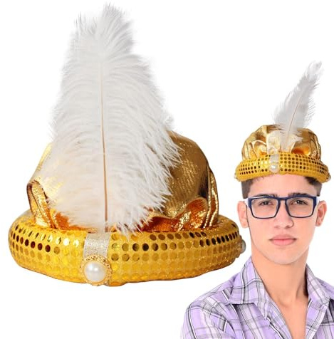 Aladdin-Sultanhut, Aladinhut für Erwachsene – mit Feder und Perlen, wunderschöner Sultan-Turban für Herren, Kopfwickel, Pailletten-Design für Herren, gold, Refer to description