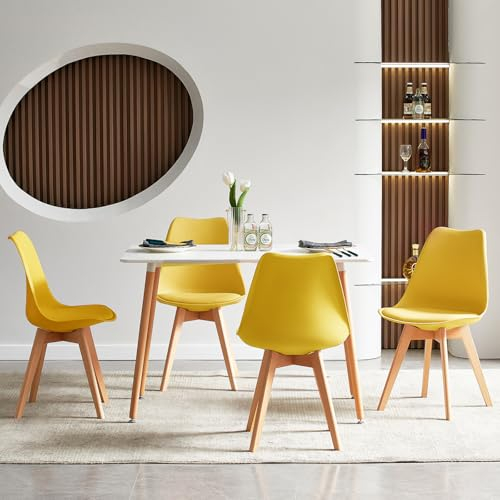 FURNITABLE Esszimmergruppe Esstisch mit 4 Stühlen Essgruppen, Rechteckig 110cm Küchentisch-Set und 4er Set Esszimmerstühle für Wohnzimmer Küche Büro (Weiß Tisch+4 Gelb Stühle)