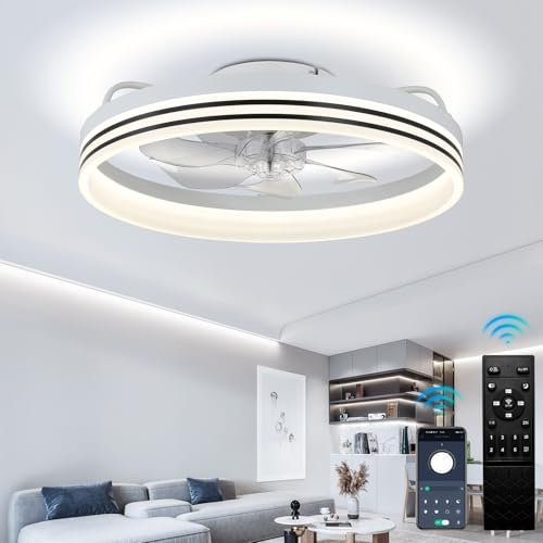 Cainjiazh Ceiling Fans with Lights Fandelier Modern Ceiling Fan Dimmable Low Profile Ceiling Fan Flush Mount Bladeless Chandelier Fan Ceiling Fan Lights for Bedroom Kitchen and Living Room(50cm White)