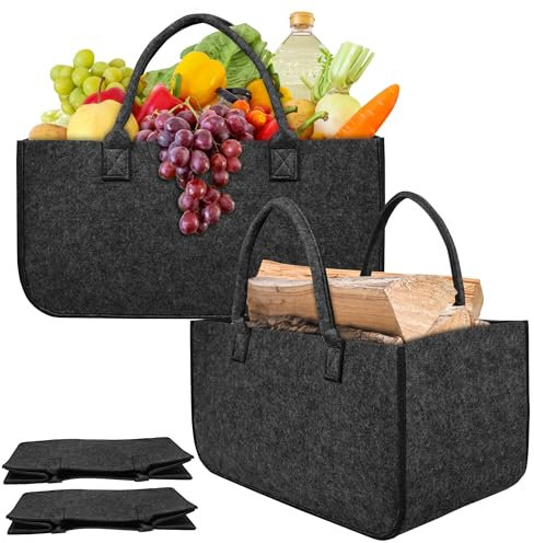 SUBTLETY XL Faltbare Holzkörbe Set 2 Stück Filz Kaminholztasche Groß Kaminholzkorb Belast Max. 30L Feuerholzkorb für Transport & Aufbewahrung von Brennholz Zeitungen Obst Gemüse Kleidung (Dunkelgrau)
