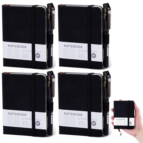 SHILIPAIJC 4 Stück Notizbuch Klein, Mini Notizblock A7, Hardcover Notizbücher mit Stift Gummizugverschluss, Pocket Notizheft Pocketbook Taschen Journal Schwarz für Schule, Arbeit, Büro (200 Seiten)