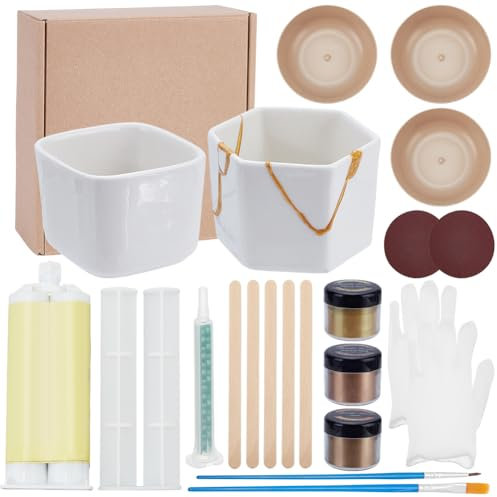 WEBEEDY Kintsugi Repair Kit Gold Food Safe 60g Mica Powder 2 Ceramics Practice Bowls 50ml Glue for Beginners Ceramics and Porcelain Repair DIY Art Kits Restoring Meaningful Gift Sets
