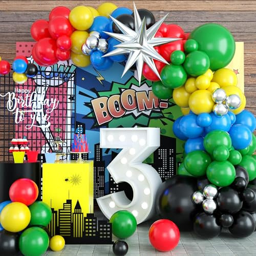 Black Red Yellow Green Balloon Arch Garland Kit, Birthday Balloon Arch with Black Red Blue Yellow Green Metallic Silver Balloons for Birthday, Carnival, Robot Blocks, Video Game Themed Party