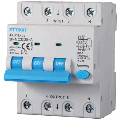 A2ZWORLD Interruttore Magnetotermico Differenziale Trifase, Tipo A 30mA, RCBO Classe A 4P C32 32A, Curva C 3P+N 6000A, Occupa 4 Moduli DIN, AC 400V IP20
