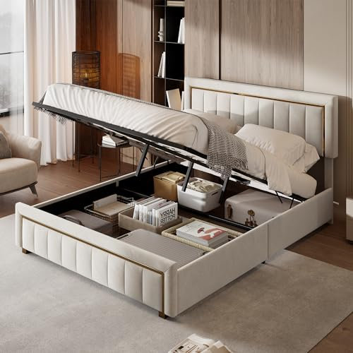 Générique Lit Coffre 140x200 cm,capitonné avec Rangement, Double avec Hydraulique et sommier à Lattes,pour Adolescents et Adultes,Beige