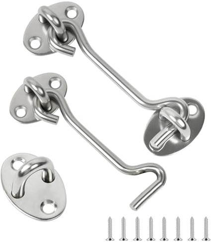 Flintronic Hook and Eye Latch, 2Pcs 4 Inch Stainless Steel Cabin Hook, Heavy Duty Gate Hook Lock, Silver Door Latch with Screws, Door Catch for Outdoor Window, Garage, Garden, Barn Door