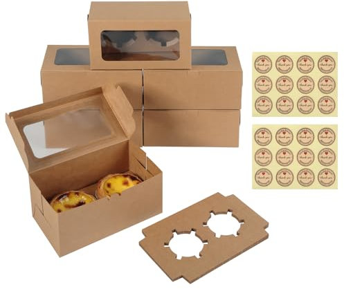 Parastar 16 PCS Cupcake Boxes, 2 Hole Cupcake Boxes, Cake Boxes with Clear Window and Insert, Kraft Paper Cardboard Cake Boxes, Cupcake Box with 24 Stickers for Birthday Party Cupcakes Desserts