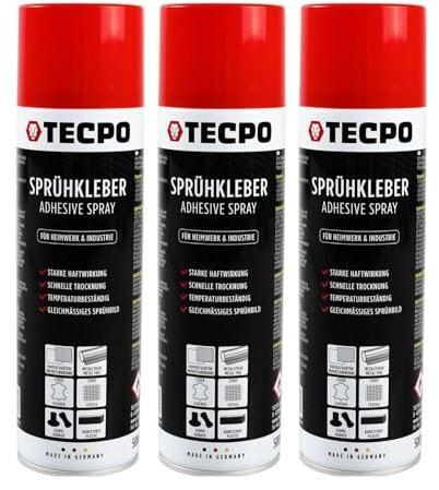 TECPO 3x Sprühkleber, 500ml Industriekleber, Kontaktkleber Alleskleber für Leder, Schaumstoff, Kunststoff, Metall, Papier, Gummi uvm.
