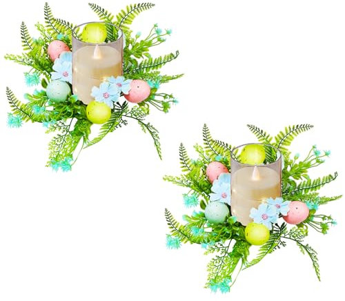 Osterdeko Kerzenkranz, 2 Stück Ostern Deko Kerzenringe mit Ostereier & Künstliche Blumen, Frühlingsdeko Kerzenringe für Stumpenkerzen, Frühling Kerzenkranz für Osterdeko Tisch, Frühling Tischdeko (C)