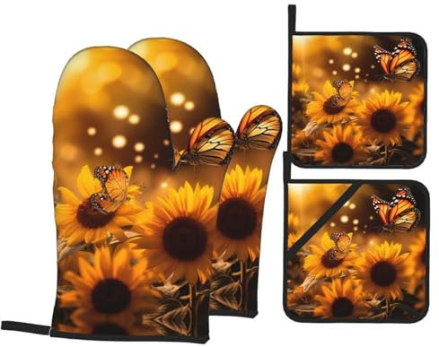 Guanti da forno con stampa di girasoli e farfalle, presine, resistenti al calore, per cucinare e grigliare