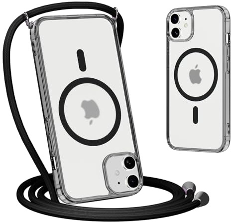 Yoedge Handyband für iPhone 12 Mini Hülle mit Band 5,4,Matt Transluzente Magnetisch Necklace Handyhülle Kompatibel mit MagSafe,Dünn Silikon TPU Stoßfest Schutzhülle mit Kordel zum Umhängen, Schwarz
