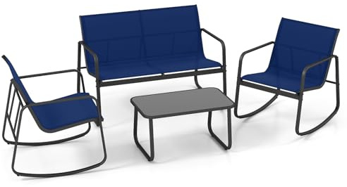 FANTASK 4-er Balkonmöbel Set, Gartenmöbel Set mit sanfter Schaukelbewegung, Terrassenmöbel inkl. 2 Stühlen, Bank & Tisch, für Garten, Terrasse, Balkon, Blau